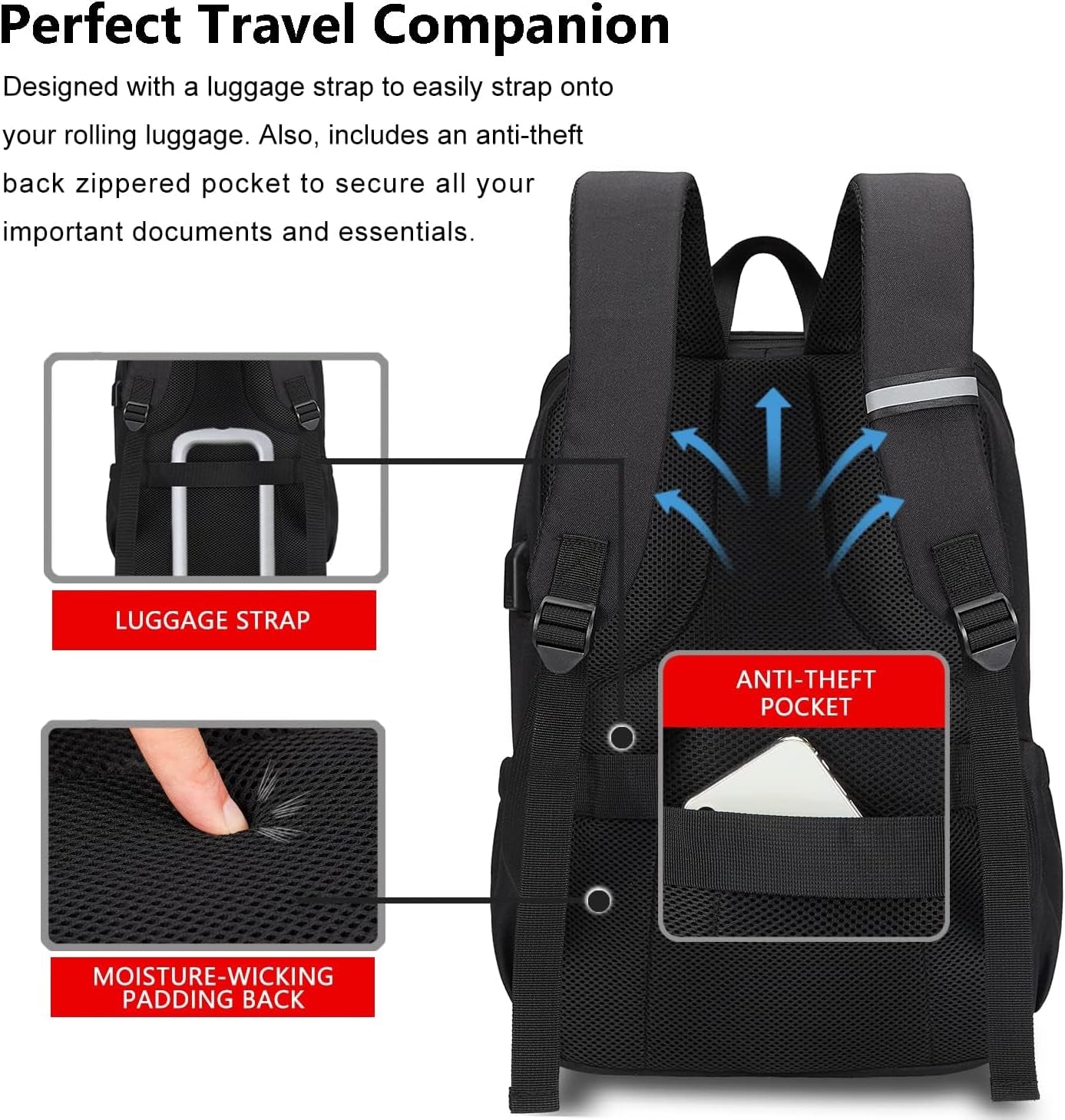 Deep Storage Laptop Backpack with USB Charging Port[Water Resistant] College Computer Bookbag Fits 15 Inch Laptop Black